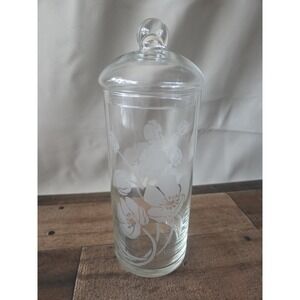 Vintage Pasabahce European Etched Glass Apothecary Jar w/Lid Floral Design